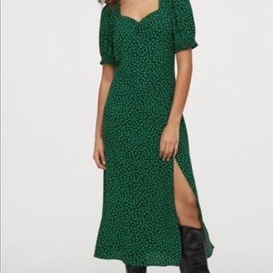 Green Black Floral Print Ruched Midi Slit Dress